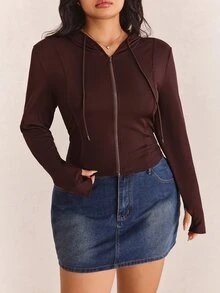 CovetEZ Plus Size Black Solid Color Full Zip Hooded Casual Jacket, Winter New Year Christmas Fall - Coffee Brown - View 7