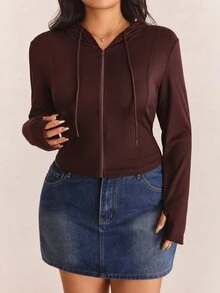 CovetEZ Plus Size Black Solid Color Full Zip Hooded Casual Jacket, Winter New Year Christmas Fall - Coffee Brown - View 3