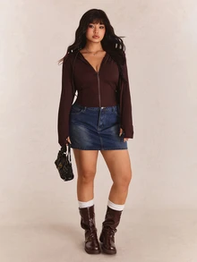 CovetEZ Plus Size Black Solid Color Full Zip Hooded Casual Jacket, Winter New Year Christmas Fall - Coffee Brown - View 5