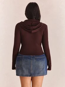 CovetEZ Plus Size Black Solid Color Full Zip Hooded Casual Jacket, Winter New Year Christmas Fall - Coffee Brown - View 2