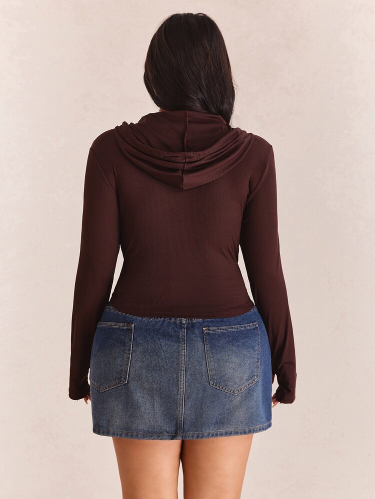 CovetEZ Plus Size Black Solid Color Full Zip Hooded Casual Jacket, Winter New Year Christmas Fall - Coffee Brown - View 2