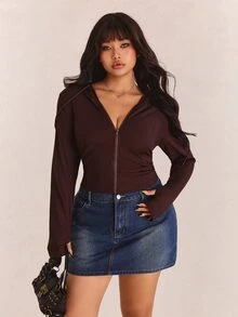 CovetEZ Plus Size Black Solid Color Full Zip Hooded Casual Jacket, Winter New Year Christmas Fall - Coffee Brown - View 6