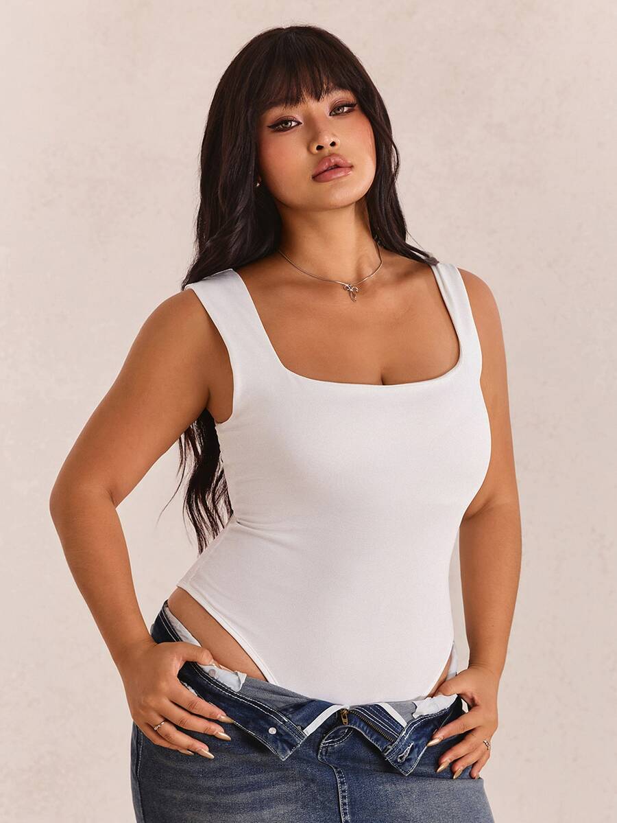 CovetEZ Plus Size Women's Basic Casual Daily Solid Color Round Neck White Tank Top, Spring/Summer - White - View 1