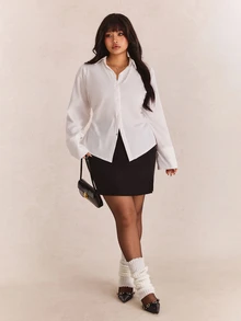 CovetEZ Kemeja Lengan Panjang Putih Ukuran Besar dengan Kancing Depan dan Pinggang yang Dikencangkan, Cocok untuk Musim Gugur. - Putih - View 4