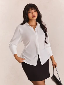 CovetEZ Kemeja Lengan Panjang Putih Ukuran Besar dengan Kancing Depan dan Pinggang yang Dikencangkan, Cocok untuk Musim Gugur. - Putih - View 6