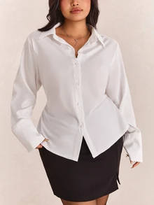 CovetEZ Kemeja Lengan Panjang Putih Ukuran Besar dengan Kancing Depan dan Pinggang yang Dikencangkan, Cocok untuk Musim Gugur. - Putih - View 3