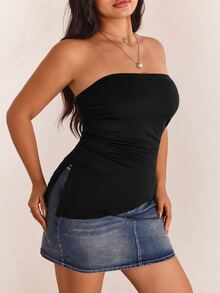 CovetEZ Plus Size Black Pleated Slit Strapless Knit Stretch Top - Black - View 4