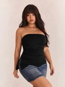 CovetEZ Plus Size Black Pleated Slit Strapless Knit Stretch Top - Black - View 8
