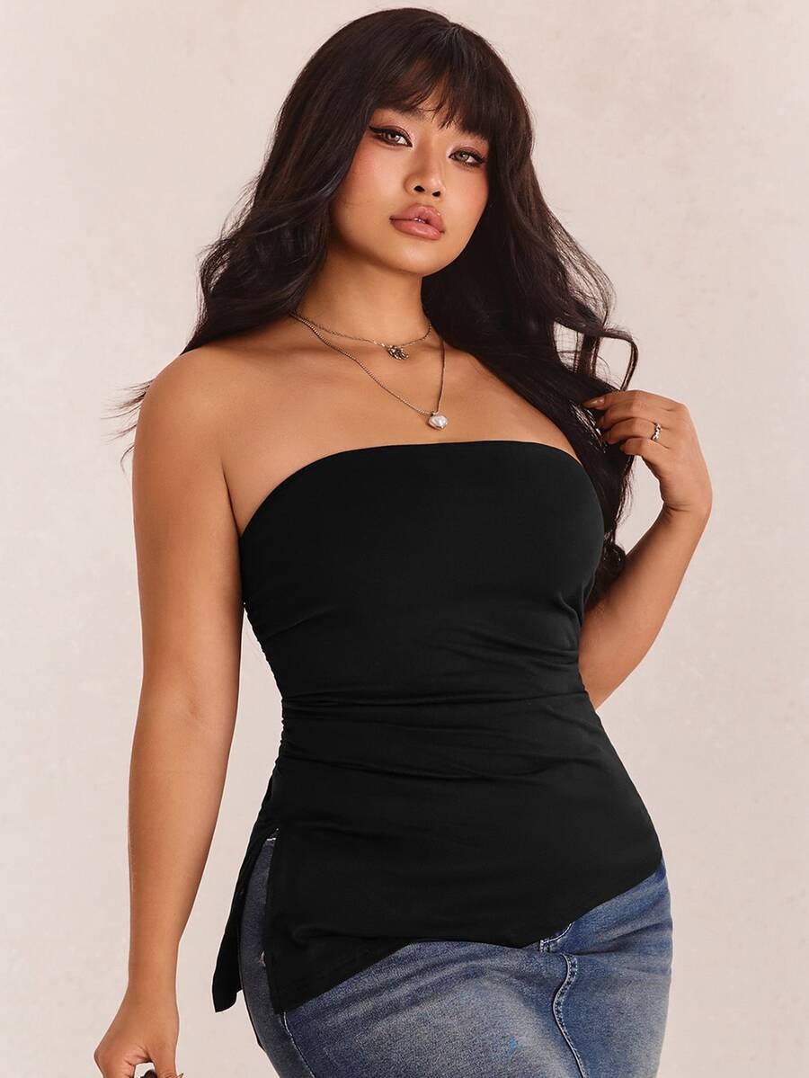 CovetEZ Plus Size Black Pleated Slit Strapless Knit Stretch Top