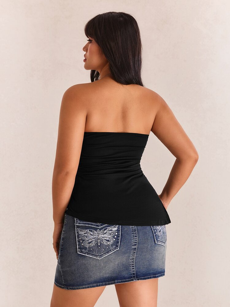 CovetEZ Plus Size Black Pleated Slit Strapless Knit Stretch Top - Black - View 2
