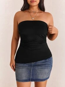 CovetEZ Plus Size Black Pleated Slit Strapless Knit Stretch Top - Black - View 7