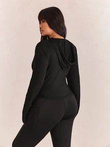 CovetEZ Plus Size Black Solid Color Full Zip Hooded Casual Jacket,Fall - Black - View 3