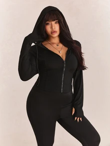 CovetEZ Plus Size Black Solid Color Full Zip Hooded Casual Jacket,Fall - Black - View 4