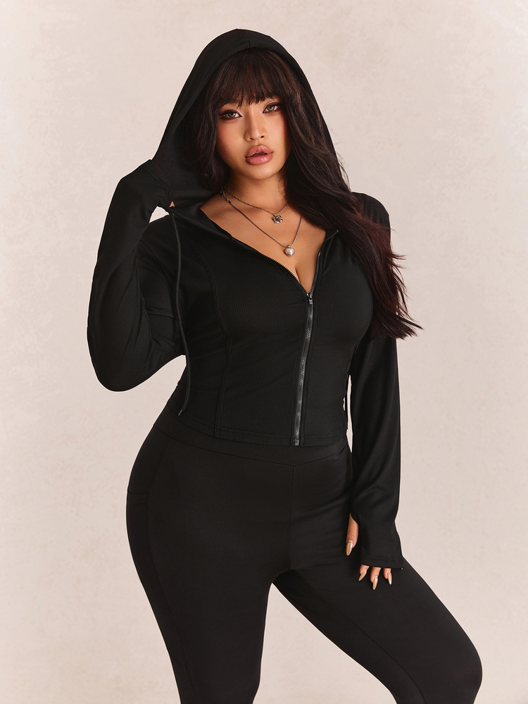 CovetEZ Plus Size Black Solid Color Full Zip Hooded Casual Jacket,Fall - Black - View 3