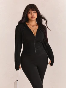 CovetEZ Plus Size Black Solid Color Full Zip Hooded Casual Jacket,Fall - Black - View 6
