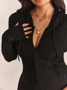 CovetEZ Plus Size Black Solid Color Full Zip Hooded Casual Jacket,Fall - Black - View 9