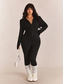 CovetEZ Plus Size Black Solid Color Full Zip Hooded Casual Jacket,Fall - Black - View 5