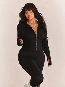 CovetEZ Plus Size Black Solid Color Full Zip Hooded Casual Jacket,Fall - Black - View 7