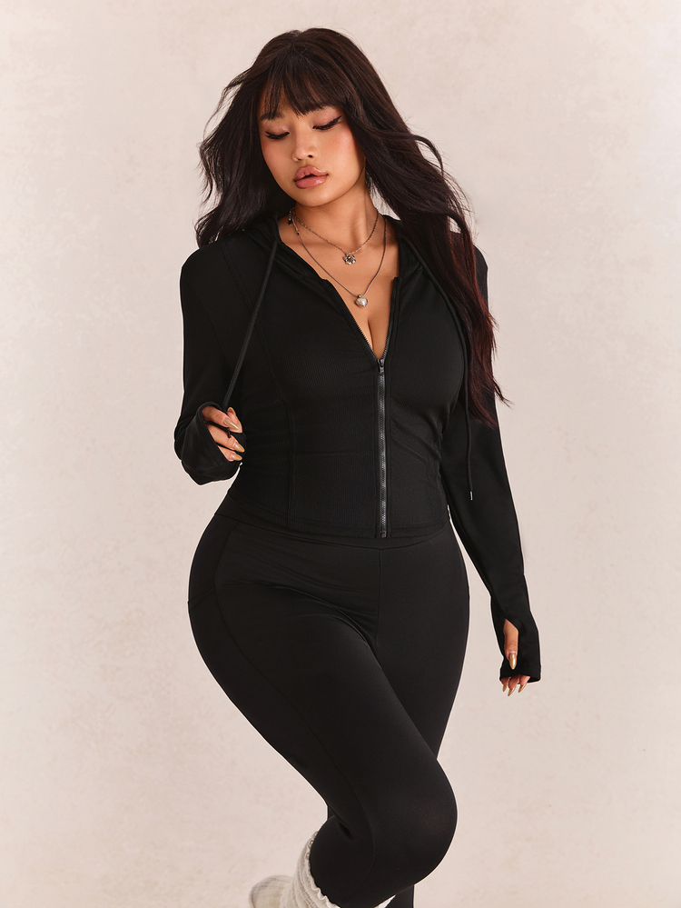 CovetEZ Plus Size Black Solid Color Full Zip Hooded Casual Jacket,Fall - Black - View 6