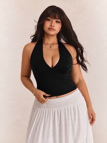 CovetEZ 加大尺碼女性性感黑色綁帶領口頸掛背心，夏季款 - 黑色 - 查看 4