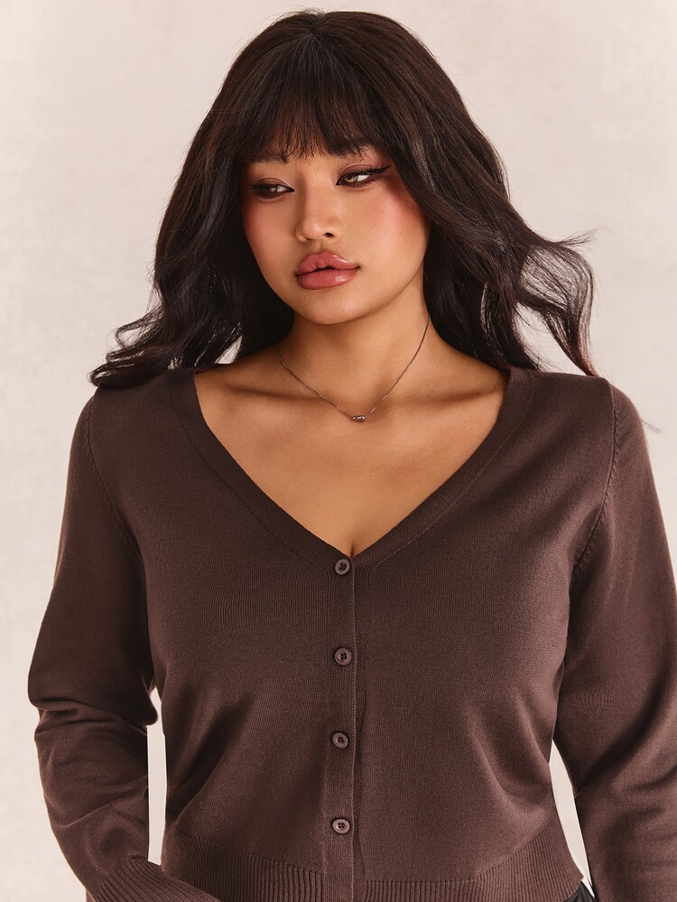 CovetEZ Plus Size Lightweight Knit Air Conditioning Cardigan Brown Autumn Spring Winter Office Formal Business Casual Baggy Soft Form - Brown - View 5