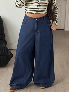 Flexra Festival Plus Size Women Blue Non-Stretch Loose Sexy Wide Leg Denim Jeans - Dark Wash - View 3
