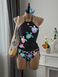 SHEIN Swim Summer Beach Women Cartoon Turtle Printed Vacation Side Drawstring Halter Neck Top And Triangle Bottom Tankini Set - Multicolor - View 4