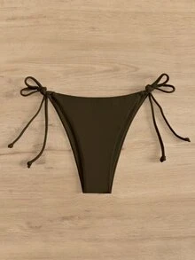 SHEIN Swim 女士纯色系带简约休闲比基尼泳裤夏季 - 棕色 - 查看 6