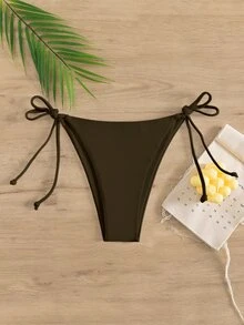 SHEIN Swim 女士纯色系带简约休闲比基尼泳裤夏季 - 棕色 - 查看 4