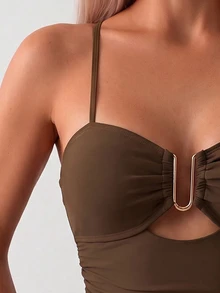 SHEIN Swim 1pc Solid Color Hollow Metal Decor One-Piece Swimsuit, For Summer Beach Vacation - Brown - View 7
