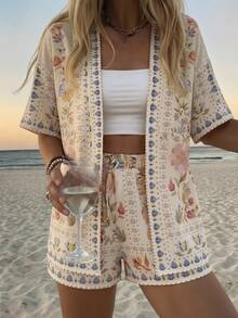 Vivid Eden Women's Summer Boho Tropical Floral Print 2 Pieces Set Open Front Kimono Top And Drawstring Shorts Outfits Beige Beach Vacation Holiday Fall - Apricot - View 11