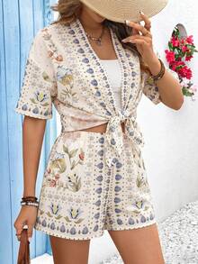 Vivid Eden Women's Summer Boho Tropical Floral Print 2 Pieces Set Open Front Kimono Top And Drawstring Shorts Outfits Beige Beach Vacation Holiday Fall - Apricot - View 8