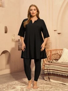 SHEIN Swim Plus Size Women 2 Pieces Swimwear Set, Short Sleeve Top And Long Pants, Beach Party Holiday Burkini Black Summer Soft Form Modest Bodycon - Black - View 7