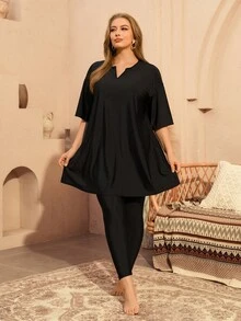 SHEIN Swim Plus Size Women 2 Pieces Swimwear Set, Short Sleeve Top And Long Pants, Beach Party Holiday Burkini Black Summer Soft Form Modest Bodycon - Black - View 8