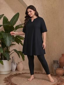 SHEIN Swim Plus Size Women 2 Pieces Swimwear Set, Short Sleeve Top And Long Pants, Beach Party Holiday Burkini Black Summer Soft Form Modest Bodycon - Black - View 2
