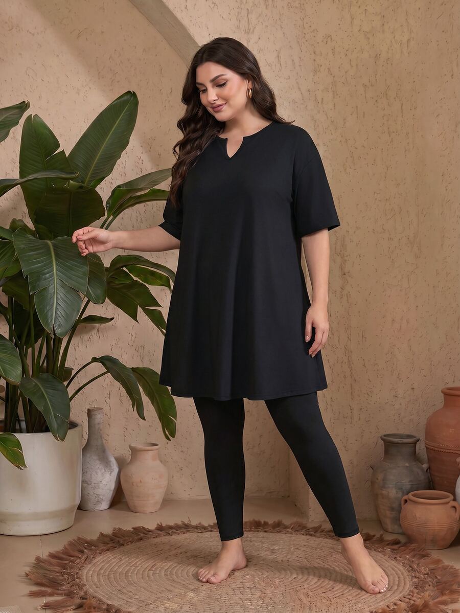 SHEIN Swim Plus Size Women 2 Pieces Swimwear Set, Short Sleeve Top And Long Pants, Beach Party Holiday Burkini Black Summer Soft Form Modest Bodycon