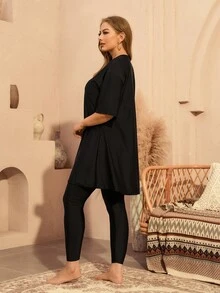 SHEIN Swim Plus Size Women 2 Pieces Swimwear Set, Short Sleeve Top And Long Pants, Beach Party Holiday Burkini Black Summer Soft Form Modest Bodycon - Black - View 6