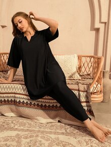 SHEIN Swim Plus Size Women 2 Pieces Swimwear Set, Short Sleeve Top And Long Pants, Beach Party Holiday Burkini Black Summer Soft Form Modest Bodycon - Black - View 10