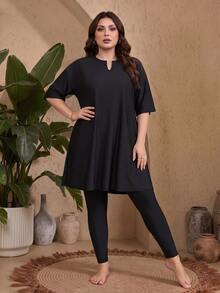 SHEIN Swim Plus Size Women 2 Pieces Swimwear Set, Short Sleeve Top And Long Pants, Beach Party Holiday Burkini Black Summer Soft Form Modest Bodycon - Black - View 3