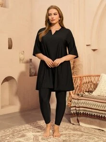 SHEIN Swim Plus Size Women 2 Pieces Swimwear Set, Short Sleeve Top And Long Pants, Beach Party Holiday Burkini Black Summer Soft Form Modest Bodycon - Black - View 4
