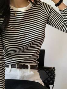 DAZY Women's Striped Short Sleeve T-Shirt Summer Versatile Loose Round Neck Pullover Top - Black - View 1