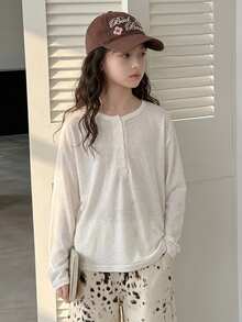 Dazy Kids Tween Girl Solid Color Button Half-Placket Long Sleeve Casual T-Shirt - White - View 8