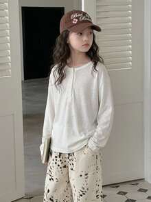 Dazy Kids Tween Girl Solid Color Button Half-Placket Long Sleeve Casual T-Shirt - White - View 3