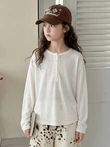 Dazy Kids Tween Girl Solid Color Button Half-Placket Long Sleeve Casual T-Shirt - White - View 1