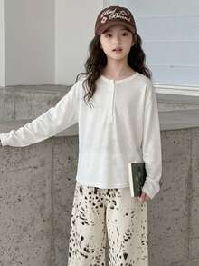 Dazy Kids Tween Girl Solid Color Button Half-Placket Long Sleeve Casual T-Shirt - White - View 7