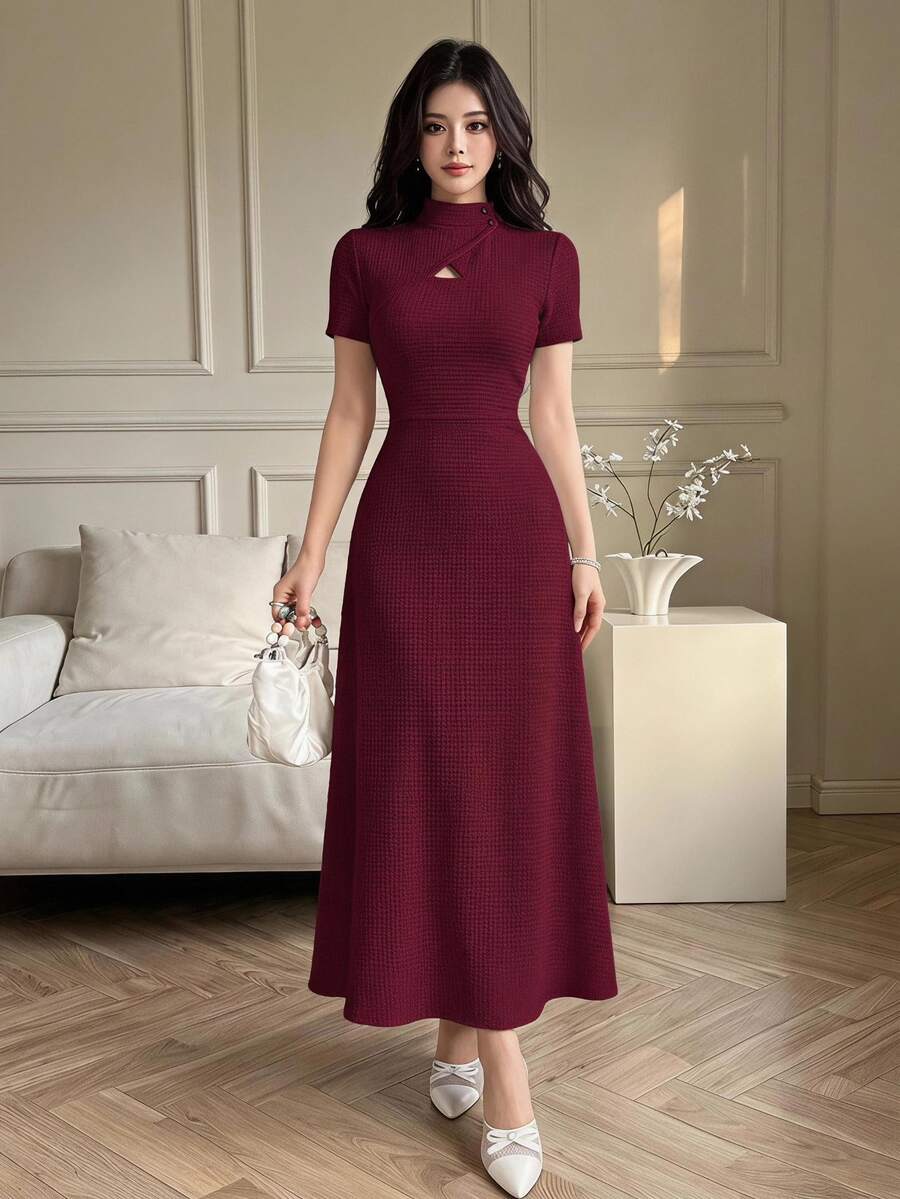 Feyla 女士优雅日常通勤简约纯色立领收腰伞裙连衣裙,夏季 - 酒紅色 - 查看 1