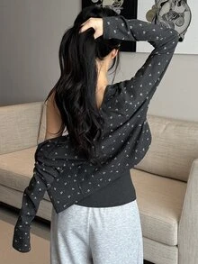 DAZY Dark Gray Floral Contrast Lace Trim 2 In 1 Button Slim Fit Cropped Long Sleeve Knit Set - Black - View 6