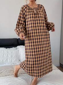 Livesso 格子長款寬鬆女款睡裙家居服居家休閒秋季復古風 - 橘色 - 查看 3