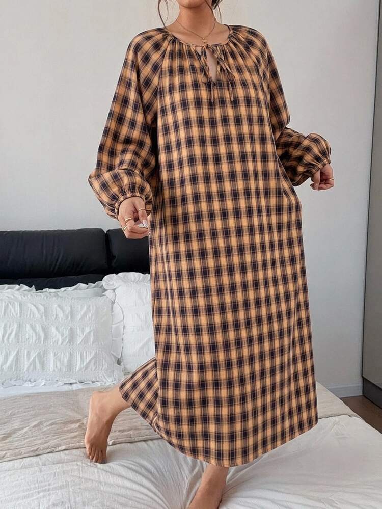 Livesso Plaid Long Loose Dress Nightgown Women's Loungewear Dress Sleep Home Fall Casual Vintage - Orange - View 3