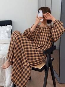Livesso 格子長款寬鬆女款睡裙家居服居家休閒秋季復古風 - 橘色 - 查看 8